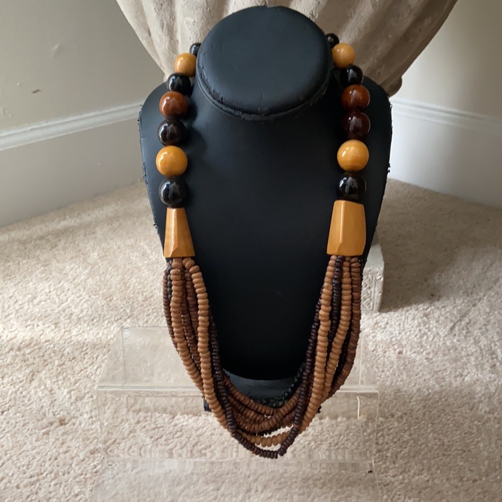 Brown tan wood beaded multi strand necklace - Picture 5 of 11